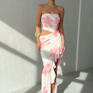 Multicolor Boho Women's Tropical Vacation Floral Tube Top Ruffle Mesh Long Dress